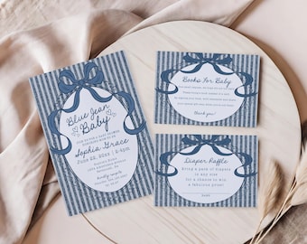 May include: Baby shower invitations and cards with a blue jean theme. The invitation features text that reads "Blue Jean Baby" and event details. The cards include "Books for Baby" and "Diaper Raffle" text, all with blue ribbon accents.