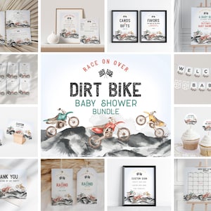 May include: A set of printable baby shower decorations with a dirt bike theme. The set includes invitations, thank you cards, welcome banner, cupcake toppers, and more. The decorations feature a watercolor illustration of dirt bikes and a black and white mountain landscape.