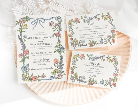 Spring Garden Party Wedding Invitation Template, Pastel Floral Love is in Bloom Wedding Decor, Coquette Summer Wildflower Bouquet WP1057
