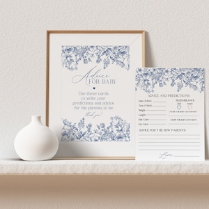 Blauwe chinoiserie advies voor baby afdrukbare sjabloon kaarten, blauwe baby in bloei elegante babyshower lente toile decor Franse strooi WP1030