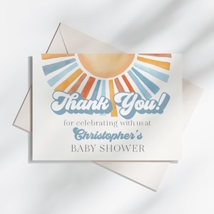 Plantilla imprimible de tarjeta de agradecimiento "Here Comes The Son", decoración con chispas de sol para baby shower de niño, decoración de fiesta Little Ray of Sonshine