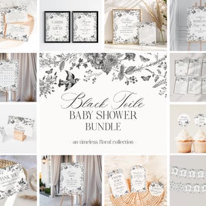 Svart Toile De Jouy babyshower utskrivbart paket, Baby in Bloom vildblomma babybrunch, svart Chinoiserie-festdekoration med häckning WP1069
