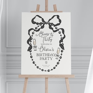 French Theme Champagne Birthday Welcome Sign Printable Template, Cheers Whimsical Ribbon Black Bow Birthday Party Decor for 30th Bday WP1002