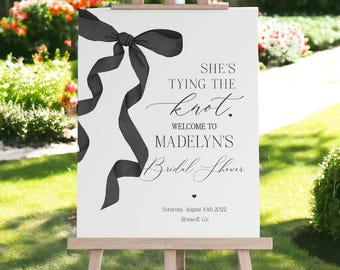 Black Bow Bridal Shower Welcome Sign Printable Template, Watercolor preppy coquette bow theme party for fancy black and white wedding WP1003