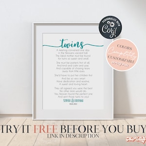 Twins poem printable, twin nursery decor, instant download, personalized poem for twins, typography print, gender neutral twin gift