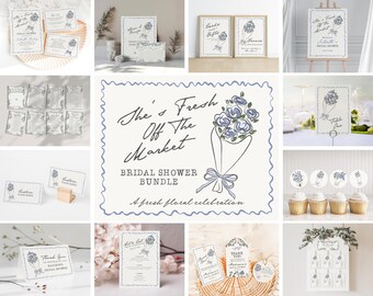 Blue Flower Market Bridal Shower Printable Bundle, Fresh Off The Market Bridal Brunch With Bride, Blue Coquette Floral Doodle WP1045