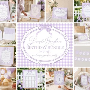 May include: A collection of purple gingham birthday party decorations. Includes invitations, signs, cupcake toppers, and a banner. The text "Purple Gingham Birthday Bundle" is featured prominently, with a classic garden party theme.
