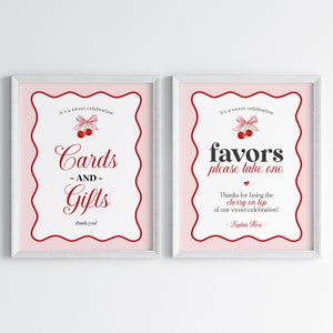 Plantilla imprimible de letreros con tarjetas y obsequios de Cherry Sweet, fiesta temática de Cherry on Top para niña, tienda de refrescos con ondas rosadas y rojas WP1009