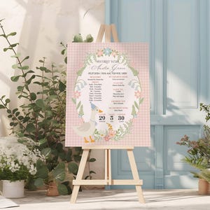 Pink Floral Silly Goose First Year Milestone Sign Printable Template, Little Duck Theme Birthday Girl, Pastel Gingham Birthday Party WP1022