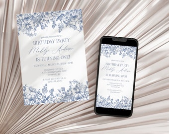 Blue Chinoiserie Birthday Invitation Printable Template, Elegant Blue Toile Decor for Birthday Party, French Theme Spring Birthday WP1030