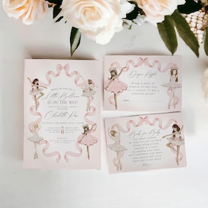 Kleine ballerina babyshower uitnodigingsbundel direct downloaden, dans en draai tutu opgewonden ballet babyshower voor meisje, roze ballerina