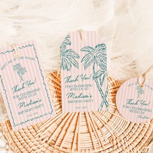 May include: Three pink and white striped gift tags with palm tree illustrations and the text "Meet me at the palms" and "Thank you! For celebrating with us at Madison's Birthday Party".