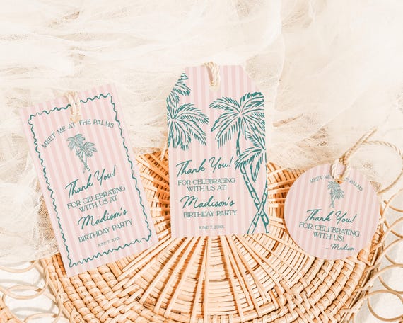 Pink Palm Springs Birthday Party Favor Tags Template, Vintage Palm Tree Beach Cabana Birthday Pool Party, Retro Tropical Pastel Party WP1046