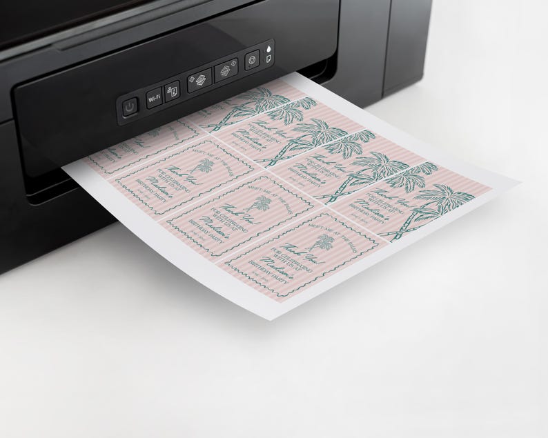 May include: A sheet of pink and white striped paper with a palm tree design is being printed on a black printer. The paper has the text "Thank You" and "For Celebrating With Us" printed on it.