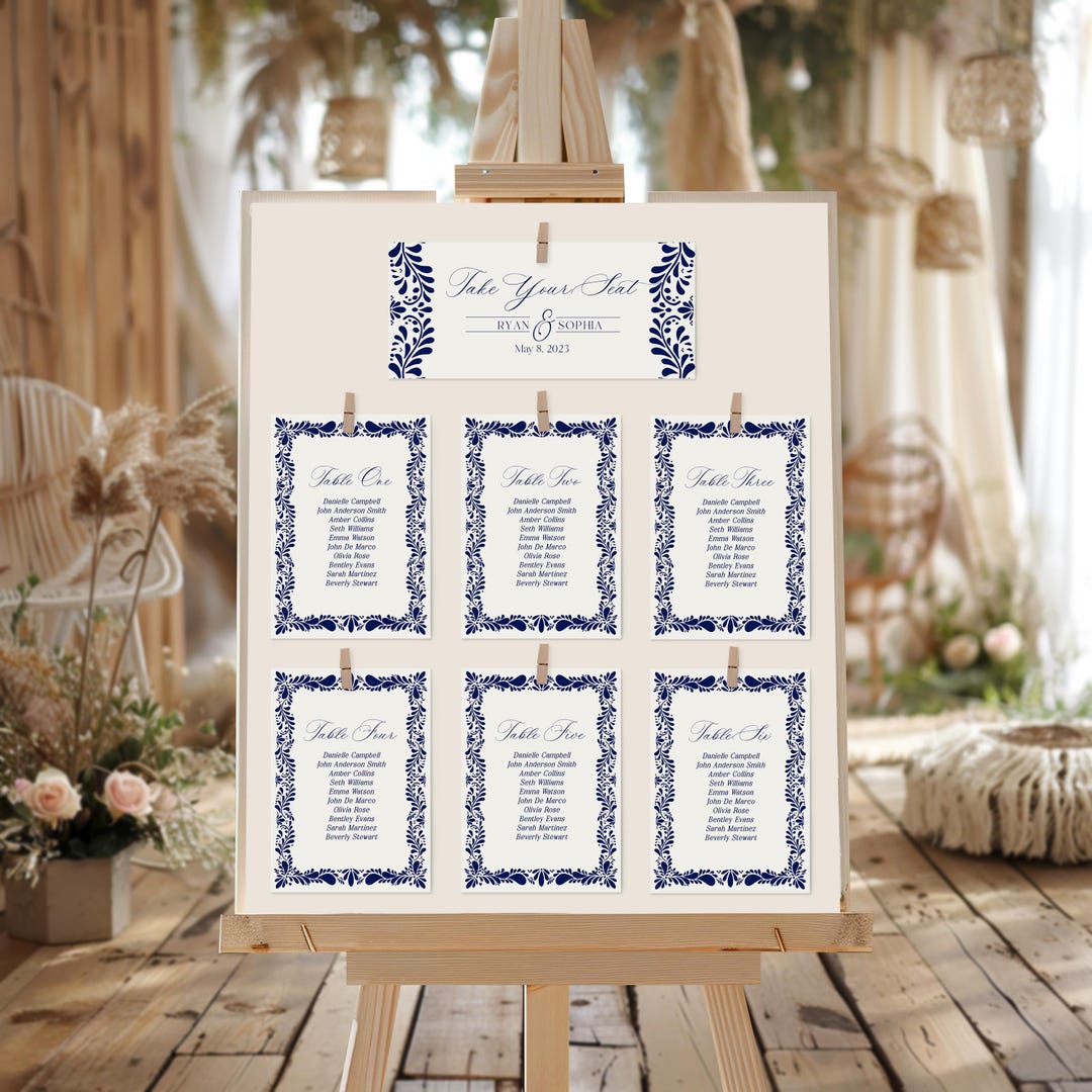 Blue Talavera Wedding Seating Chart Cards Printable Template, Spanish ...