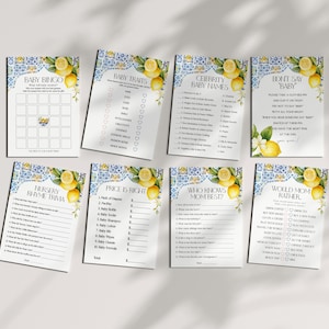 Amalfikust babyshowergames set afdrukbare sjabloon, citroen-citrus mediterraan douchedecor met blauwe tegels, Italiaans thema Toscaans strand