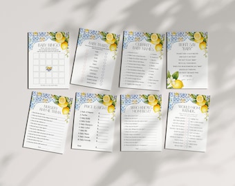 Amalfi Coast Baby Shower Games Set Printable Template, Lemon Citrus Mediterranean shower decor with blue tiles, Italian theme tuscan, WP3016