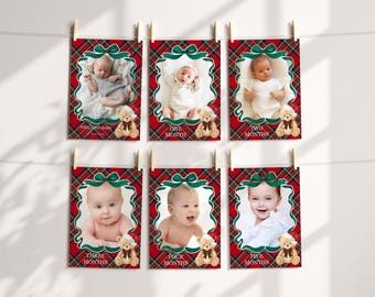 Red Tartan Plaid Christmas Bear 1st Birthday Milestone Banner Template, December Beary First Birthday Christmas Birthday Party Decor WP1082