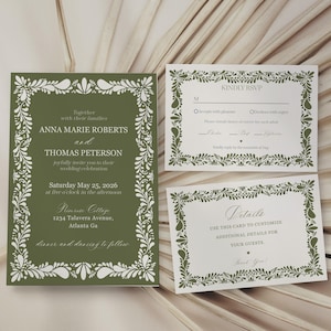 Green Talavera Wedding Invite Template, Olive Spanish Tile Wedding Ceremony Decor, Mexican Fiesta Terracotta Wedding Decor WP1021