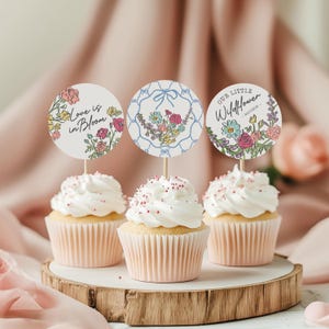 Summer Garden Party Bridal Shower Cupcake Topper Template, Bright Floral Love is in Bloom Bridal Brunch, Coquette Summer Bouquet WP1058