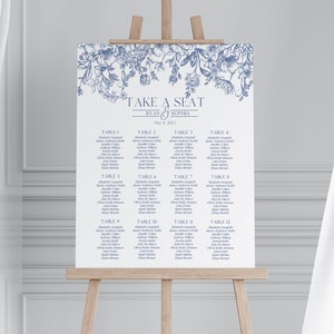 Modello stampabile per la tabella dei posti a sedere per matrimonio in stile Chinoiserie blu, Something Blue Before I Do, toile da sposa primaverile in stile Chinoiserie blu WP1030
