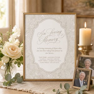 May include: A gold-framed memorial sign with a floral background and the text In Loving Memory, in loving memory of those who are not here today but forever in our hearts, followed by a list of names and their relationship to the couple.