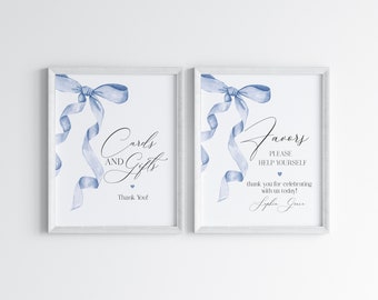 Blue Bow Cards & Gifts and Favors Sign Printable Template, Neutral preppy coquette bow theme party for fancy southern girl grandmillenial