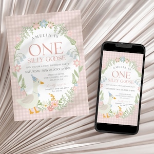 Pink Floral Silly Goose First Birthday Invitation Printable Template, Little Duck Theme Birthday Girl, Pastel Floral Gingham Birthday WP1022