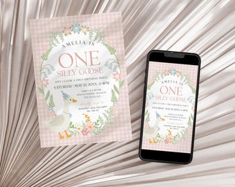 May include: Pink and white gingham patterned invitation with a floral wreath and a cartoon goose wearing a blue party hat. The text reads "Amelia is One Silly Goose" and includes details for a first birthday party.