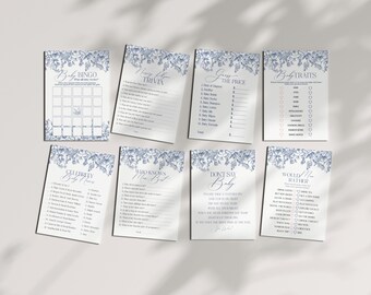 Modello stampabile per giochi per baby shower con motivo cinese blu, decorazione per baby shower con cospargere di toile blu per baby francese WP1030
