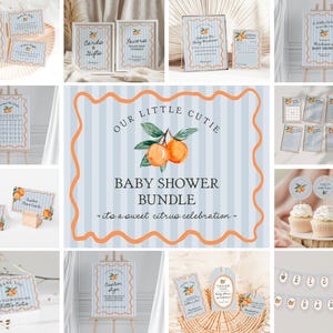 Pode incluir: Um pacote de chá de bebê imprimível com tema cítrico. O pacote inclui uma faixa de boas-vindas, cartões de agradecimento, uma placa de boas-vindas, um cartão de jogo e toppers de cupcake. O design apresenta um fundo listrado azul e branco com ilustrações de frutas cítricas laranja.