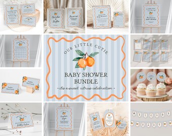 May include: A baby shower bundle with a citrus theme. The design features orange and blue striped patterns, with orange illustrations. The text includes "Our Little Cutie Baby Shower Bundle" and other event-related text.