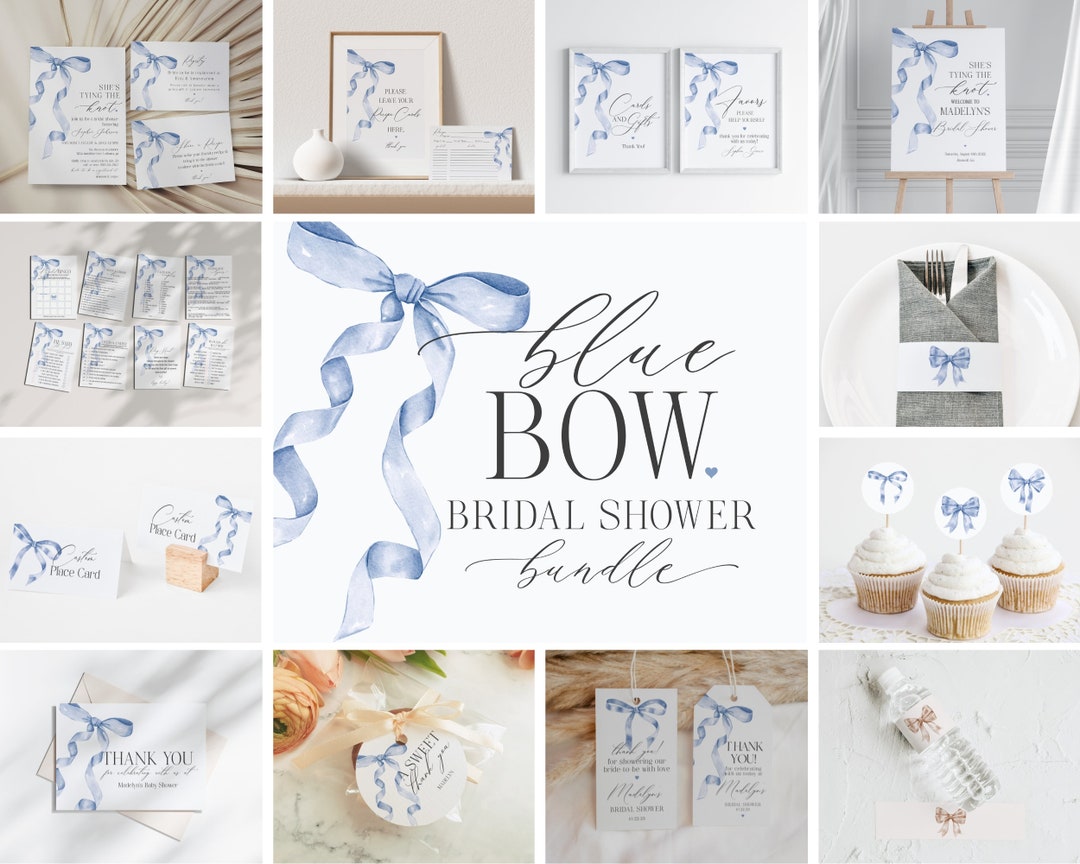 Blue Bow Bridal Shower Bundle Printable Template, Shes Tying the Knot