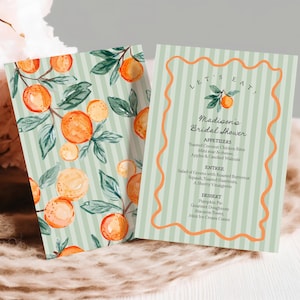 Modelo de menu Green Little Cutie, chá de panela Main Squeeze, decoração de chá de bebê cítrico, festa de aniversário de verão Clementine Engagement WP1051