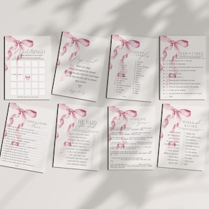 Ensemble de jeux de douche nuptiale rose noeud modèle imprimable, aquarelle coquette preppy noeud soirée à thème fantaisie mariée du sud, noué wp1016
