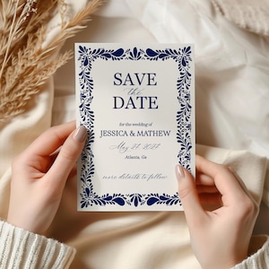 Blauwe talavera afdrukbare sjabloon Save the Date, Spaanse tegel bruiloft decor, Papel Picado bruidsbrunch WP1018