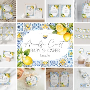 Amalfiküste Babyparty druckbare Bündel, Zitrone-Zitronen-Mittelmeer-Dekor mit blauen Fliesen, italienisches Thema toskanische Strandparty, Küstenbaby