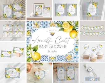 Amalfi Coast Baby Shower Printable Bundle, Lemon Citrus Mediterranean decor with blue tiles, Italian theme tuscan beach party, WP3016