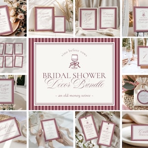 May include: A selection of burgundy and white bridal shower decorations. The set includes signs, place cards, tags, and table numbers. The signs feature text such as "Welcome", "Cards & Gifts", and "Thank You". The theme is "Vino Before Vows".