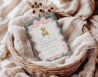 Roze flirter verjaardagsuitnodiging afdrukbare sjabloon, oud geld teddybeer verjaardagsfeestje, tartan geruite coquette Bow partij WP1081