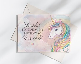 Plantilla imprimible de tarjeta de agradecimiento de unicornio, fiesta de cumpleaños de unicornio arco iris, fiesta de cumpleaños para niña cumpleaños de unicornio mágico descarga instantánea