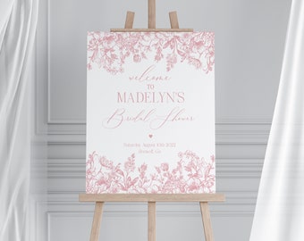 Pink Chinoiserie Bridal Shower Welcome Sign Printable Template, Love is in Bloom Pastel Toile de Jouy Bridal Brunch with the Bride WP1010