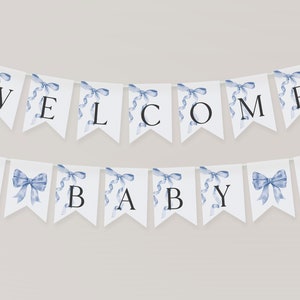 Blue Bow Baby Shower Banner Printable Template, Fancy Coquette Bow Theme Baby Sprinkle Southern Girl, Grandmillenial Bow Theme Decor WP1031