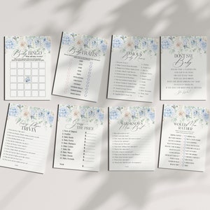 Blue Floral Baby Shower Games Set Printable Template, Blue Baby in Bloom spring baby shower Light Blue Hydrangea Flowers instant download
