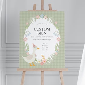 Plantilla imprimible de letrero personalizado con diseño de ganso tonto con flores verdes, fiesta de cumpleaños de niña con temática de patito, baby shower con cuadros vichy pastel WP1024