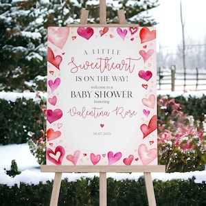 Modèle de plaque de bienvenue pour baby shower petite chérie, téléchargement immédiat baby shower d&#39;hiver de février pour fille baby shower de la Saint-Valentin sur le thème du coeur