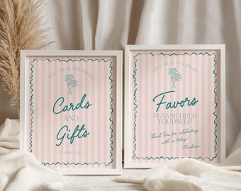 Rosa Palm Springs Karten & Geschenke und Bevorzugungen Schild Vorlage, Vintage Palme Strand Cabana Geburtstag Pool Party, Tropische Bachelorette WS1046