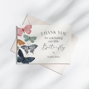Modelo de cartão de agradecimento de borboleta para impressão, Flutter on Over Birthday, Chá de bebê de borboleta pastel para menina, Festa de jardim de primavera WP1053