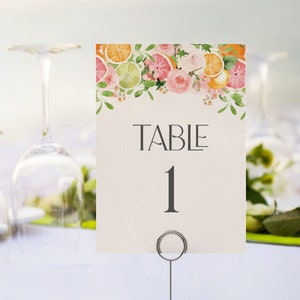 Pastel citrus tafelnummer kaarten afdrukbare sjabloon, kust verjaardagsdecor voor zomer tropische baby- of vrijgezellenfeest, tropisch feestdecor