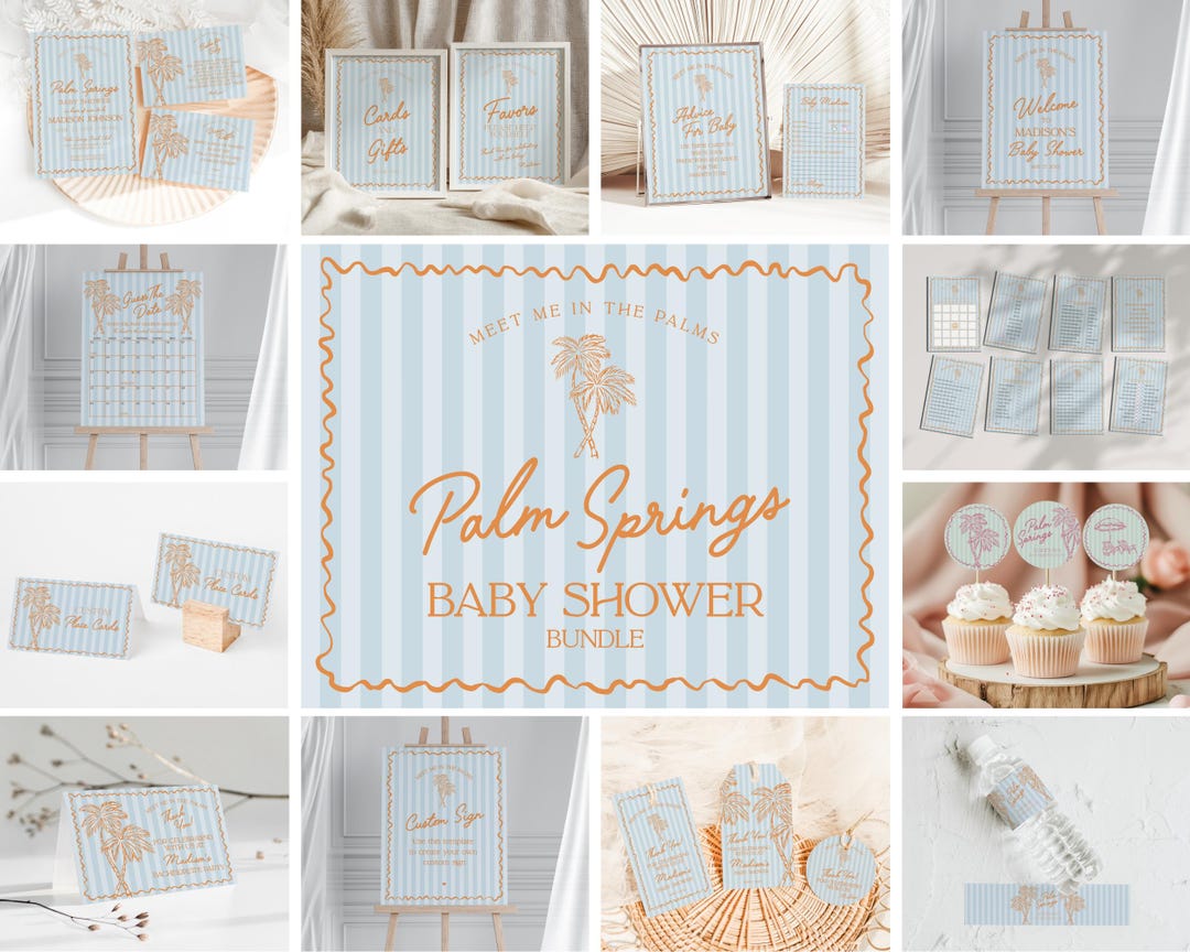 Blue Palm Springs Baby Shower Bundle Template, Vintage Beach Cabana ...